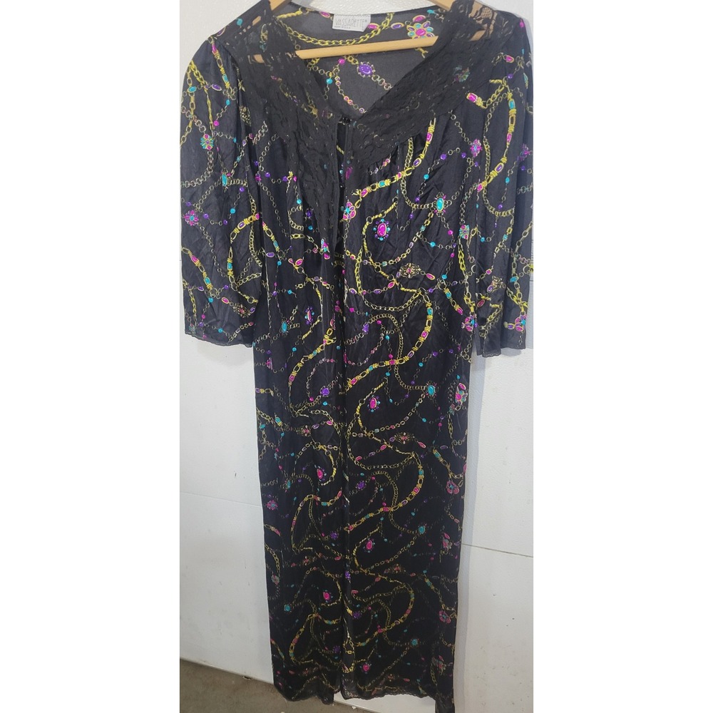 Vtg Vassarette Black Chain Gem Print Lace Trim Nightgown L